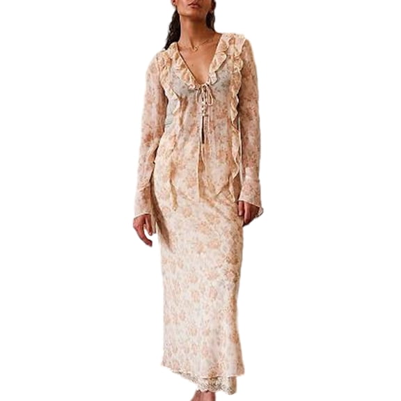 JYYYBF Women's Floral Print Skirt Outfits Ruffled Long Sleeve V-Neck Front Tie Tops with Long Skirt Set