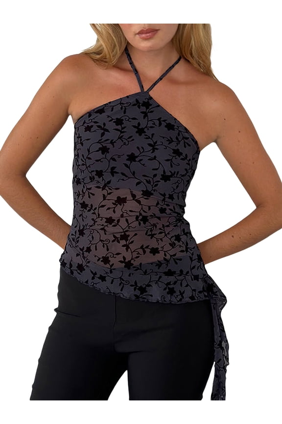 Women's Halter Tops Slim Fit See Through Sleeveless Backless Irregular Hem Flower Print Crop Tops for Summer