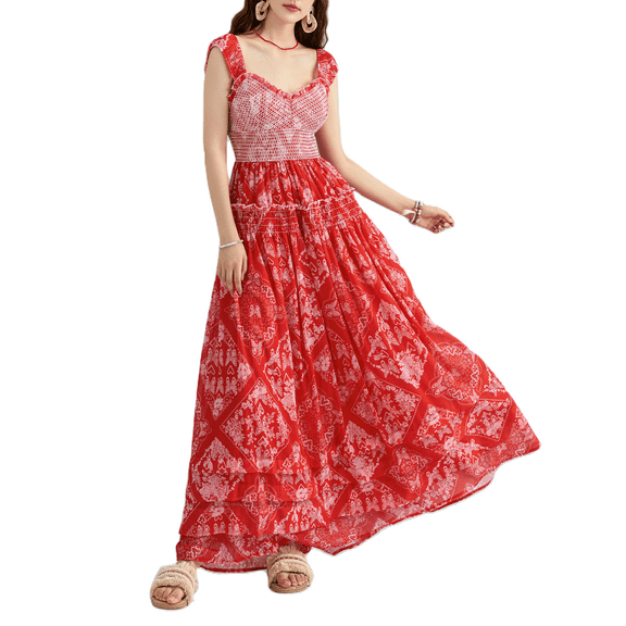 JYYYBF Women's Long Dresses Vintage Fashion Print Sweetheart Neck Cap Sleeve Smocked Waist A-Line Layered Dress for Party Club