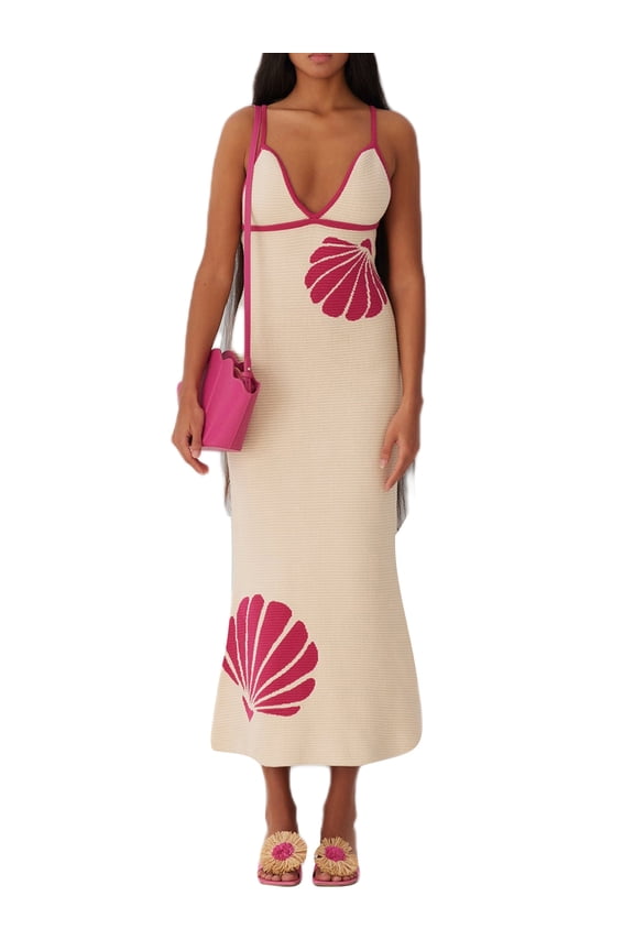 Women's Long Knit Cami Dress Summer Sleeveless Open Back V Neck Shell Print Dresses