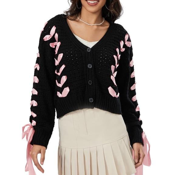 JYYYBF Women's Long Sleeve Cropped Cardigan, Contrast Color V-Neck Tie Decor Knit Sweater Button Coat