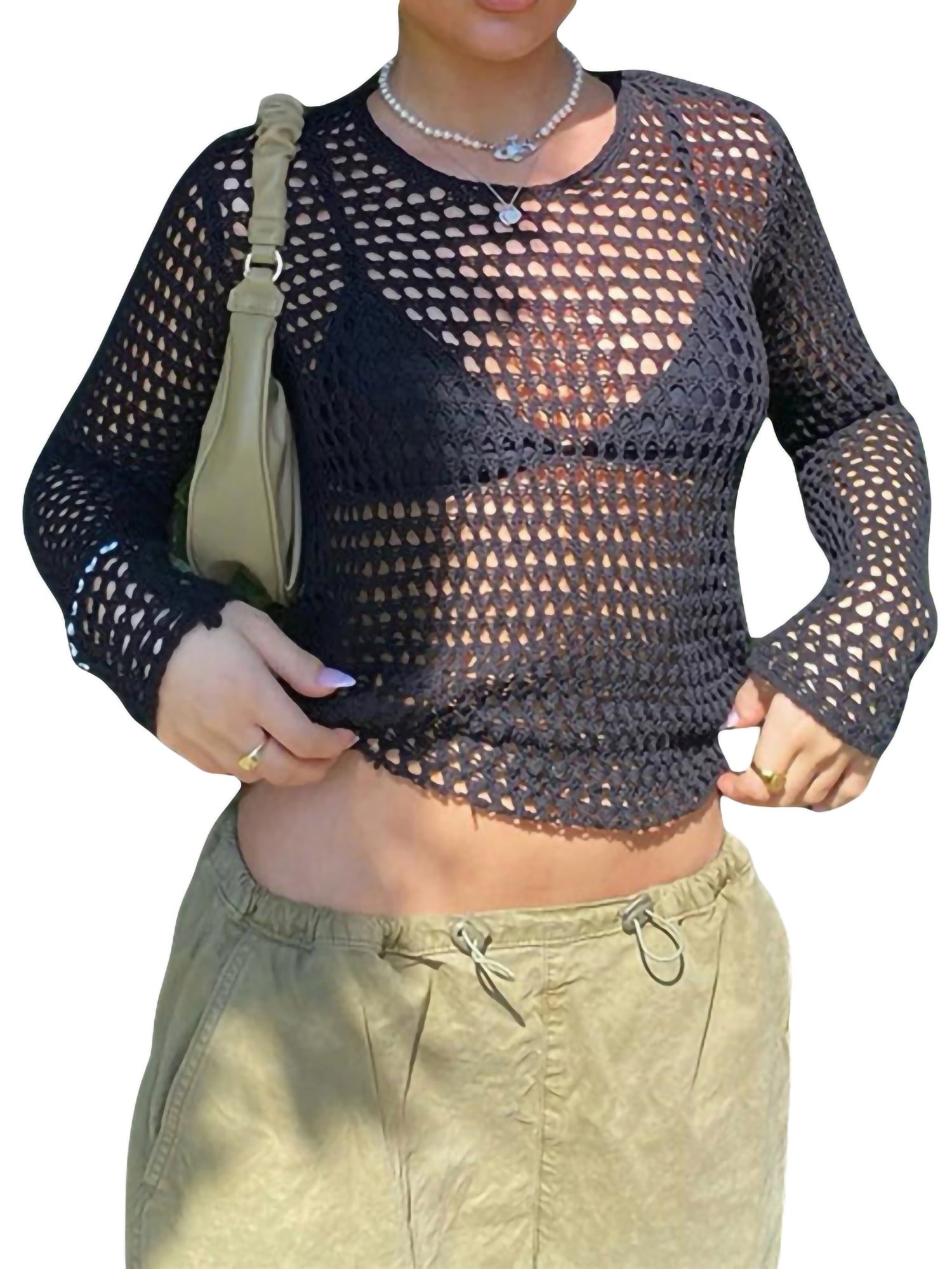 Sunisery Women Long Sleeve Mesh Crop Tops Tee Shirt Blouse Fishnet
