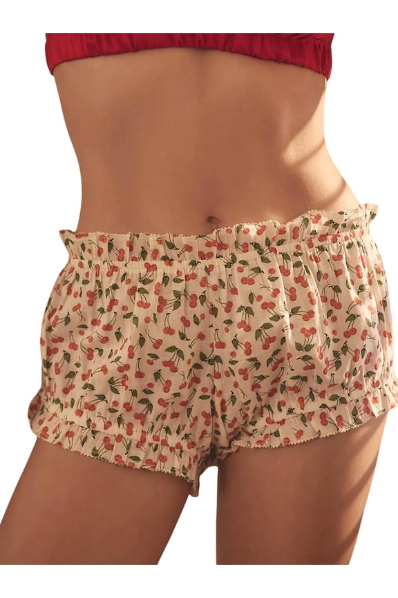 Women's Lounge Shorts Casual Cherry Print Elastic Waist Ruffled Bloomers for Summer