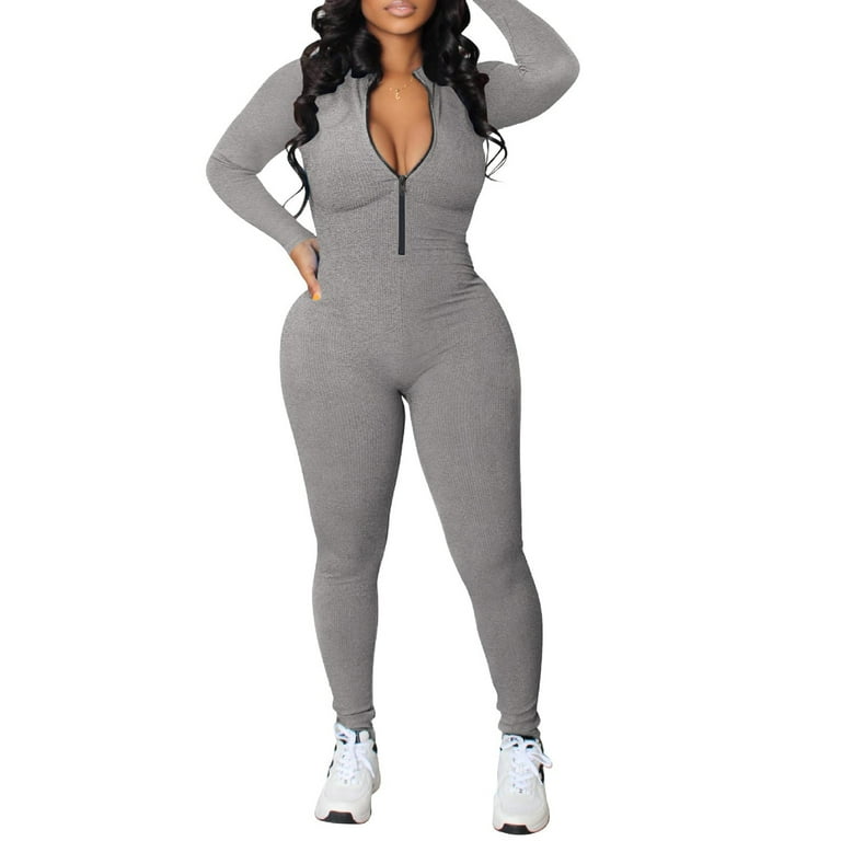 JYYYBF Women's Sexy Bodycon Long Sleeve V Neck One Piece Jumpsuit Romper  Gray S