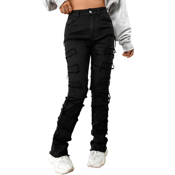 JYYYBF Women's Spring Autumn Denim Pants Solid Color Mid Rise Slim Fit Straight Leg Patch Jeans