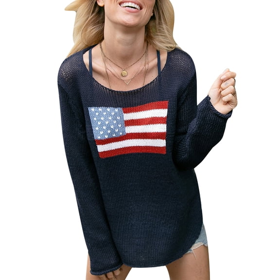 JYYYBF Women's Spring Autumn Knit Sweater Long Sleeve Crewneck Flag Print Loose Fitting Knitwear