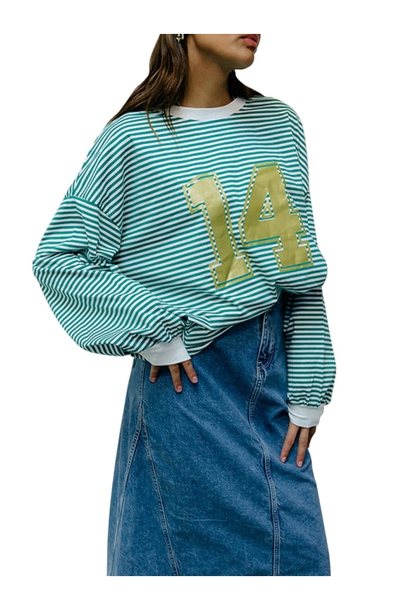Women's Spring Autumn Oversized Tops Long Sleeve O Neck Number Print Striped T-shirt