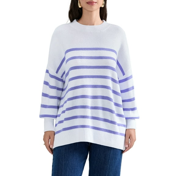 JYYYBF Women's Spring Fall Striped Sweater Drop Shoulder Long Sleeve Round Neck Slit Hem Loose Knitted Tops