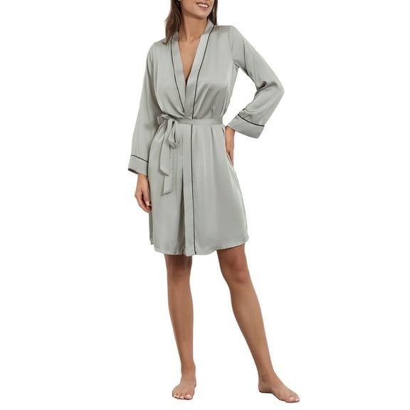 JYYYBF Women's Spring Summer Satin Robes Long Sleeve Soft Bathrobe V Neck Sleepwear with Belt