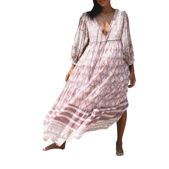 JYYYBF Women's Summer Beach Dress Long Lantern Sleeve Tie-up V-Neck Retro Print Loose Long Dresses