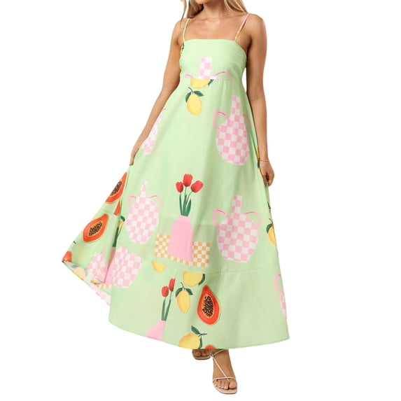JYYYBF Women’s Summer Long Dresses Floral Print Sleeveless Spaghetti Strap Flowy Beach Dress