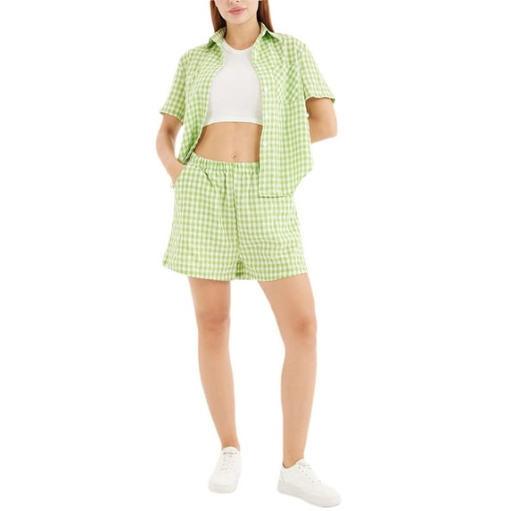 JYYYBF Women's Summer Plaid Print Outfits Short Sleeve Button Down Tops with Elastic Waist Shorts Set Streetwear