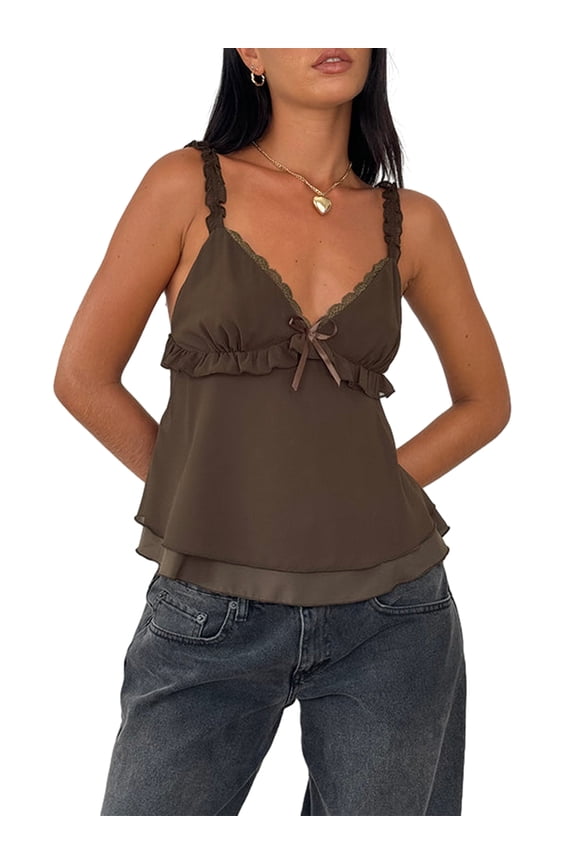 Women's Summer Sweet Cami Tops Frill Spaghetti Strap Chiffon Vest Bow Front Ruffled Cropped Camisole