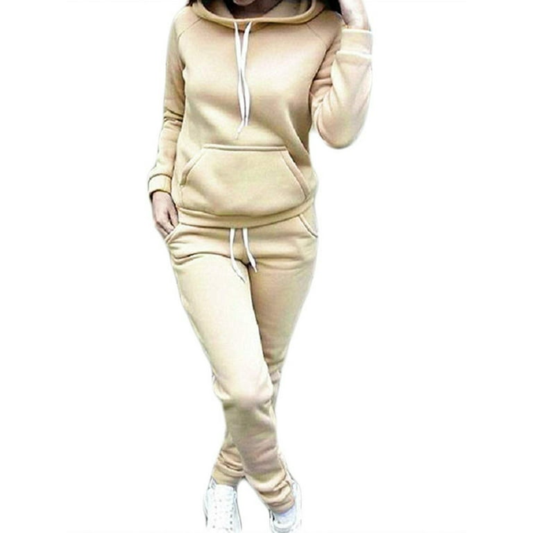JYYYBF Women s Tracksuit Set 2 Piece Hooded Sweatshirt Sweatpants Jogger Suit Outfit Beige M
