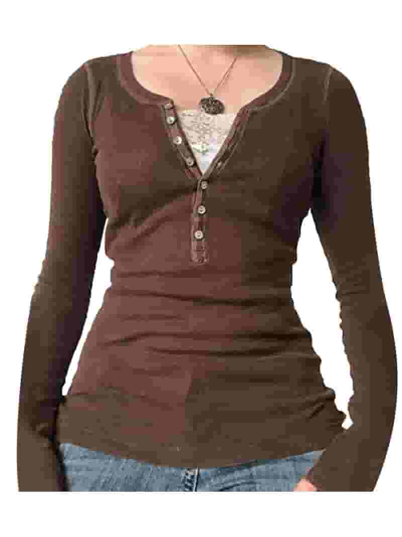 【HI FI FNK】Snap Slim Henley Top JYYYBF Womens Long Sleeve Henley Tops Casual Button Up Tunic