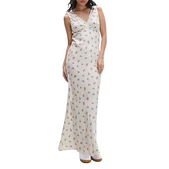 JYYYBF Womens Long Slim Tank Dress Summer Sleeveless Open Back Deep V Neck Floral Print Dresses