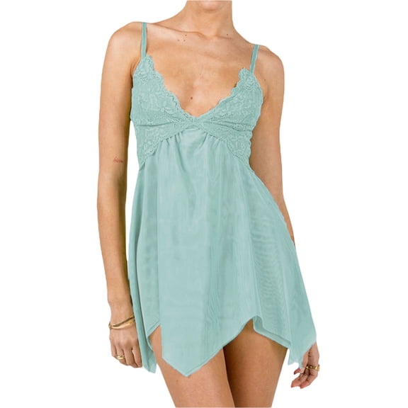 JYYYBF Womens Summer Sexy Lace Nightdress Mesh See-Through V-Neck Sleeveless Sling Sleepwear Dresses