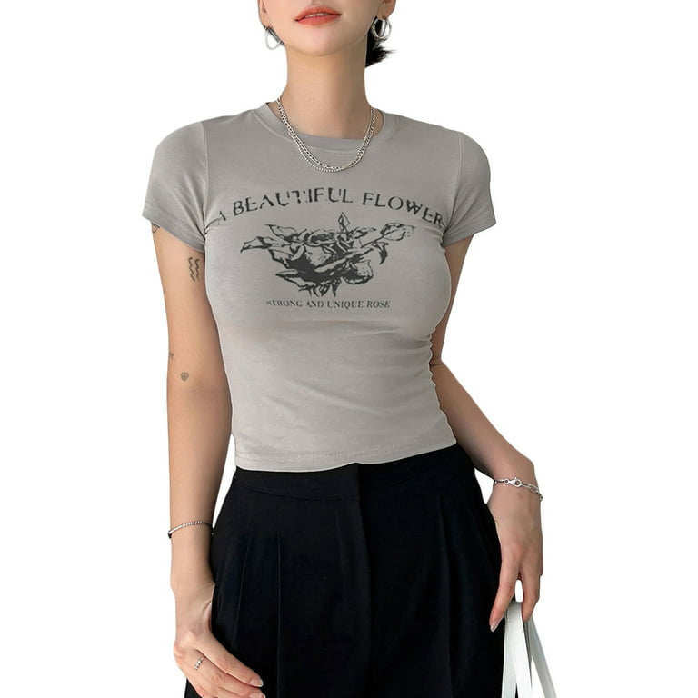 JYYYBF Womens Y2K Print Crop Tops Graphic Summer Short Sleeve Tee T-Shirts  E-Girls Teen Clothes Streetwear Gray S
