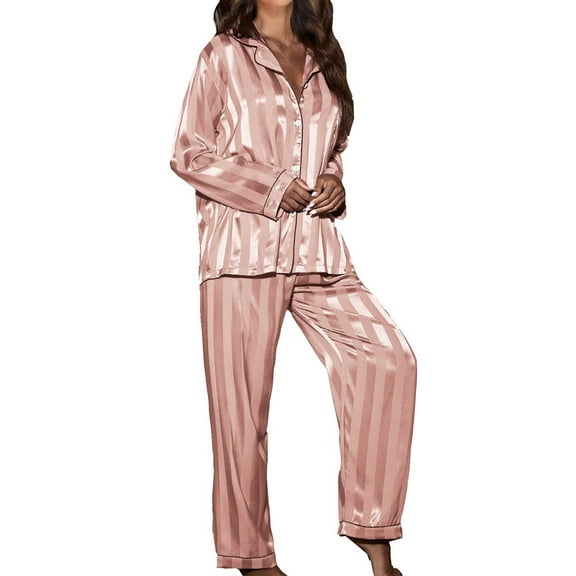 JYnXIANTI 2 Piece Pajama Sets for Women Striped Button Down Sleep Shirt with Long Pants Pj Set Casual Comfortable Matching Outfits