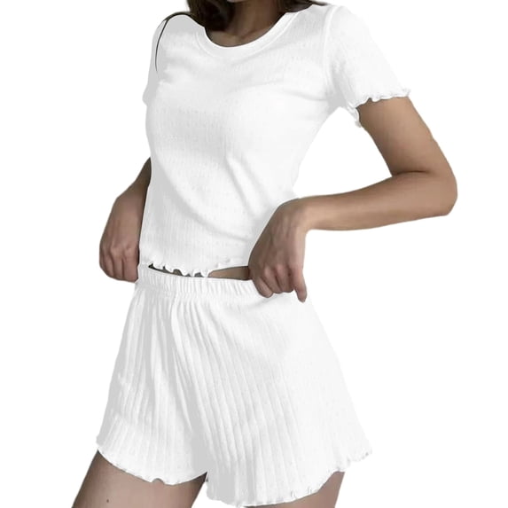 JYnXIANTI 2 Piece Pj Sets for Woman Ribbed Ruffle Short Sleeve Tops and Shorts Lounge Set Summer Matching Pajamas Set Sleepwear