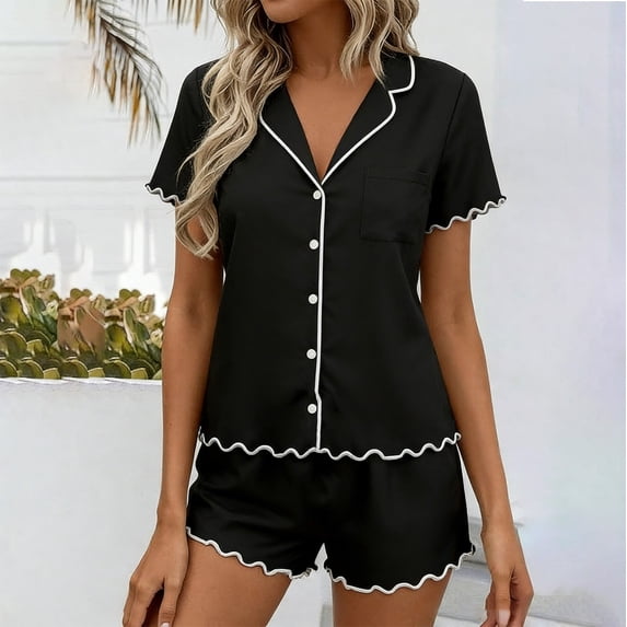 JYnXIANTI 2 Piece Pj Sets for Women V Neck Button Down Shirts Cute Ruffle Hem Shorts Pajama Sets Summer Pocket Matching Outfits