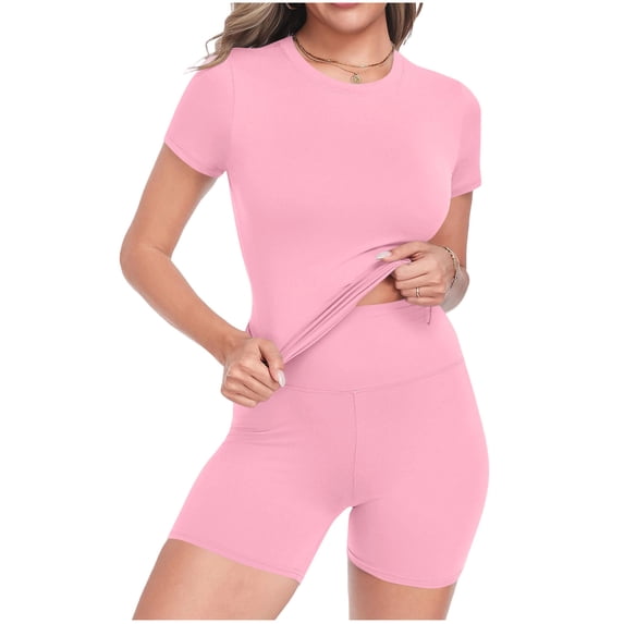 JYnXIANTI 2 Piece Sets for Women Slim Fit Basic T-Shirts and Biker Shorts Sets Soft Comfy Workout Gym Clothes Sweatsuit Sets