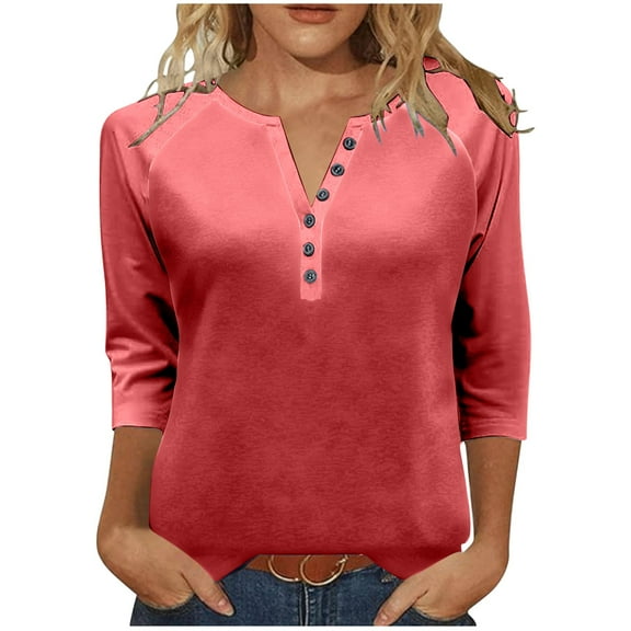 JYnXIANTI 3/4 Length Sleeve Womens Tops Casual Henley Button V Neck Shirts Loose Basic Tee Fall Fashion Clothes Outfit
