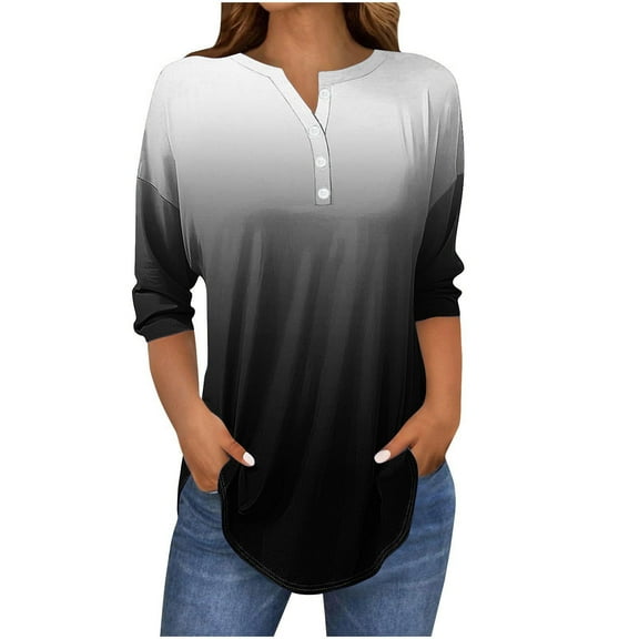 JYnXIANTI 3/4 Sleeve Tops for Women Fall Fashion Clothes Button V Neck Gradient Tunic Tee Comfort Breathable T Shirts