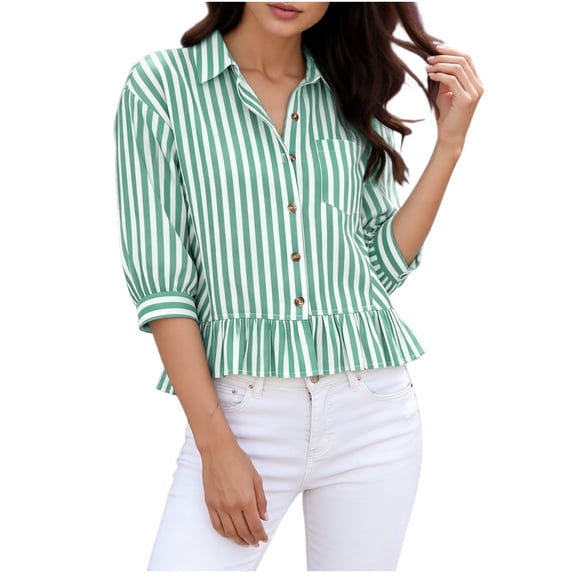 JYnXIANTI Button Down Shirts for Women 3/4 Sleeve Lapel Tops Short Sleeve Ruffle Hem Striped Tshirts Fashion Clothes with Pocket
