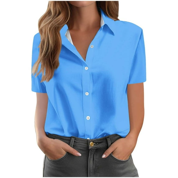 JYnXIANTI Button Down Shirts for Women Classic Short Sleeve Collared Office Work Tops Casual Comfort T-Shirt Summer Outfits