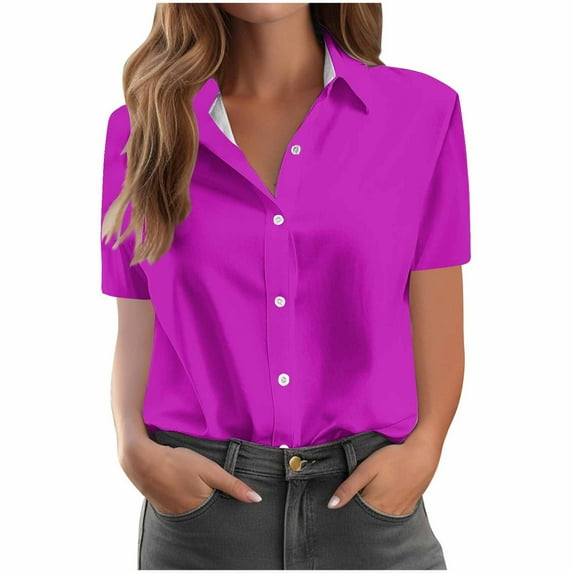 JYnXIANTI Button Down Shirts for Women Classic Short Sleeve Collared Office Work Tops Casual Comfort T-Shirt Summer Outfits