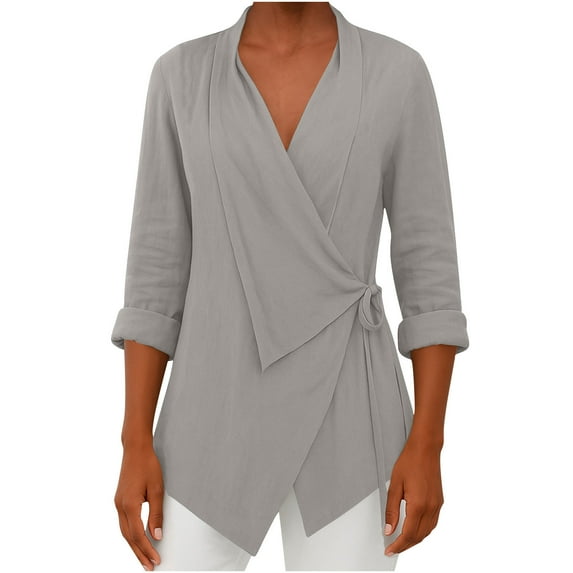JYnXIANTI Button Down Shirts for Women Comfy Long Sleeve Work Blouses Dressy Casual Tops Cotton Linen V Neck Side Tie Front Shirts