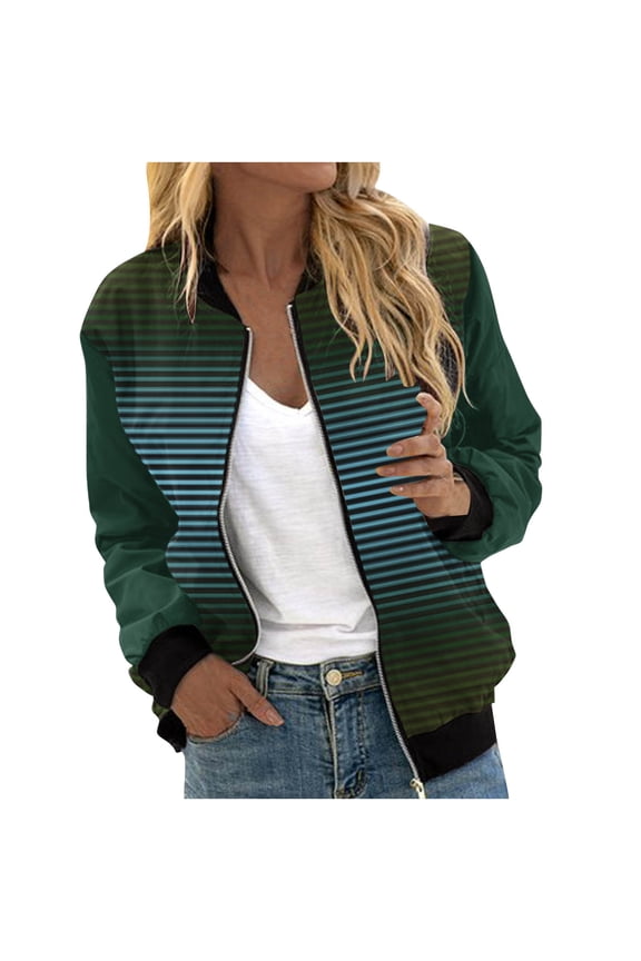 Casual Jackets for Women Fall Fashion Stripe Coat Lightweight Long Sleeve Windbreak Zip up Outwear