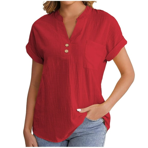 JYnXIANTI Cotton Linen Tops for Women Lightweight V Neck Short Rolled Sleeve T-Shirts Loose Fit Breathable Beach Clothes