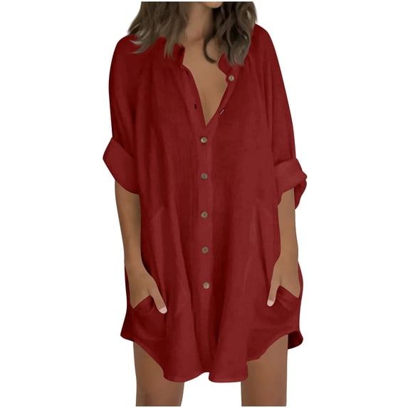 JYnXIANTI Cotton Linen Tops for Women Long Rolled Sleeve Button Down Shirts Thin Comfortable T-Shirts Basic Fall Tunic Tee