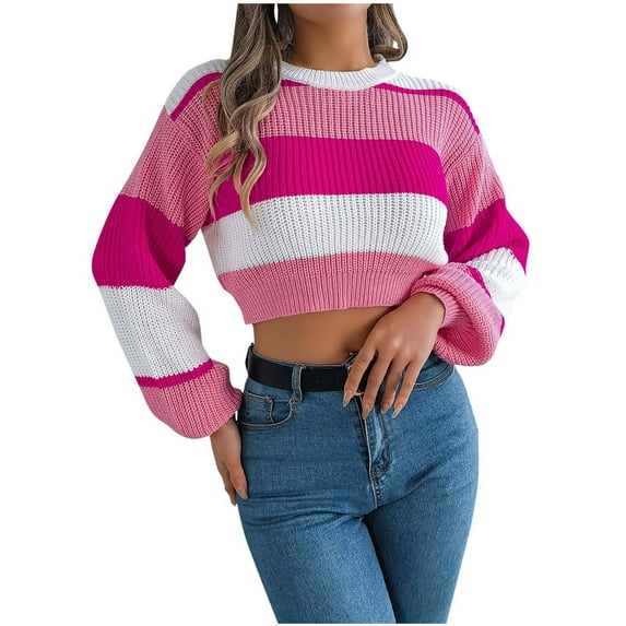 JYnXIANTI Cropped Sweaters for Women Fall Winter Casual Long Sleeve Crewneck Color Block Pullover Fashion Crochet Knitting Tops