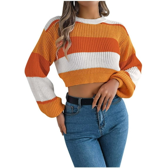 JYnXIANTI Cropped Sweaters for Women Fall Winter Casual Long Sleeve Crewneck Color Block Pullover Fashion Crochet Knitting Tops