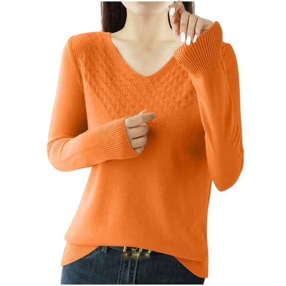 JYnXIANTI Fall Sweaters for Women Soft Cozy Long Sleeve Tops Casual Fashion Solid V Neck Knitted Pullovers