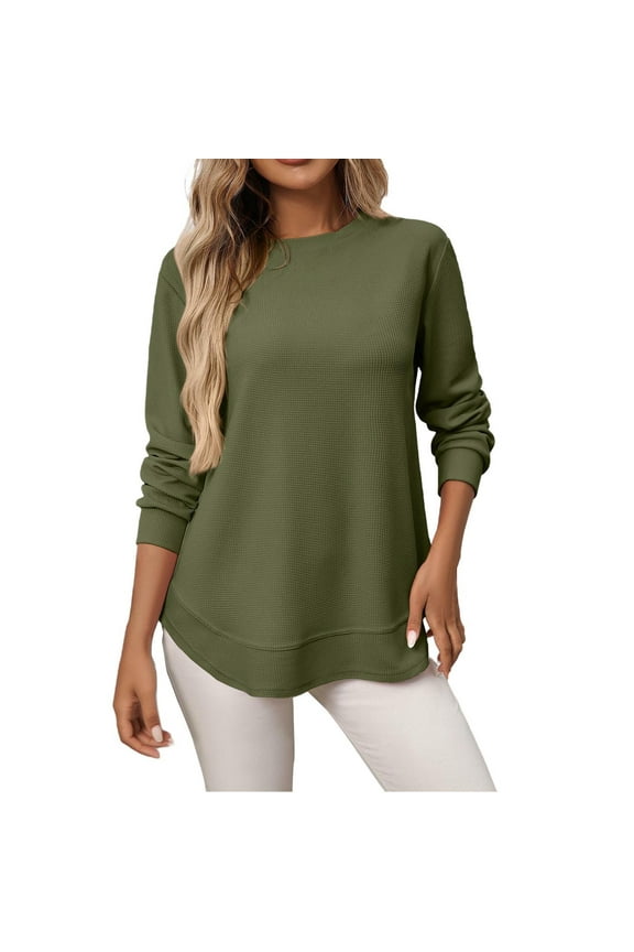 Fall Womens Tops Lightweight Solid Color Round Neck Tunic Tee Casual Loose Curved Hem Long Sleeve Shirts Blouse
