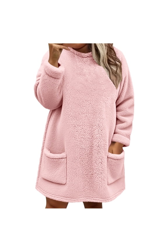 Fleece Sweatshirt for Women Winter Warm Sherpa Lined Tunic Top Plus Size Crew Neck Cozy Pullover Loungewear with Pockets