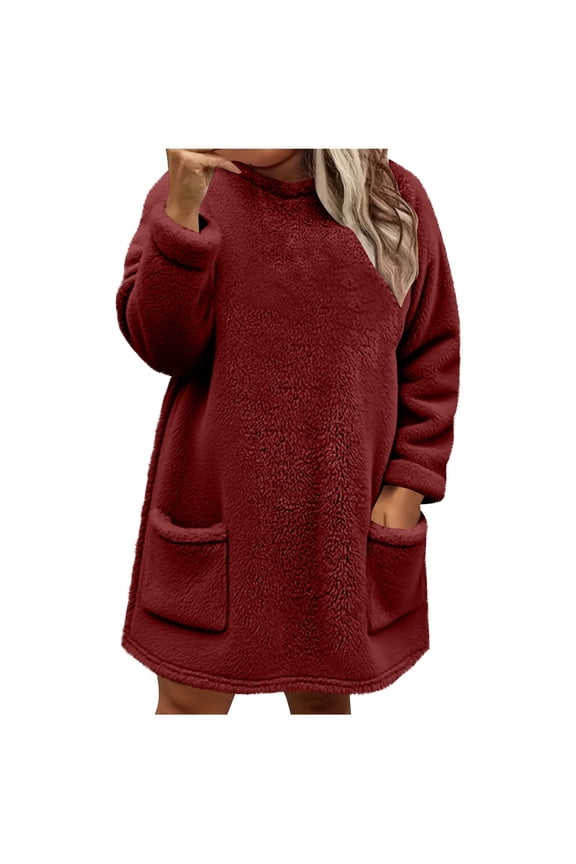 Fleece Sweatshirt for Women Winter Warm Sherpa Lined Tunic Top Plus Size Crew Neck Cozy Pullover Loungewear with Pockets
