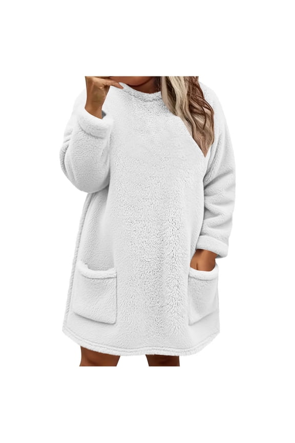 Fleece Sweatshirt for Women Winter Warm Sherpa Lined Tunic Top Plus Size Crew Neck Cozy Pullover Loungewear with Pockets