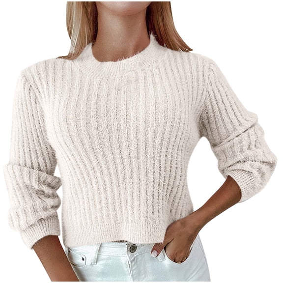 JYnXIANTI Fuzzy Sweaters for Women Fall Winter Fashion Clothing Casual Crew Neck Long Sleeve Pullover Fleece Ribbed Crop Tops