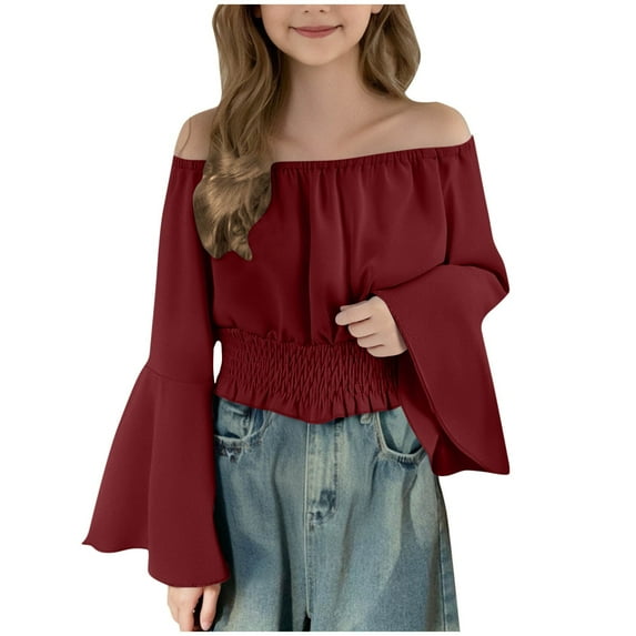 JYnXIANTI Girls Long Bell Sleeve Shirts Trendy Off the Shoulder Smocked Tops Soft Tshirts Children Summer Tees for Kids 5-15 Years