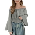 thumbnail image 1 of JYnXIANTI Girls Long Bell Sleeve Shirts Trendy Off the Shoulder Smocked Tops Soft Tshirts Children Summer Tees for Kids 5-15 Years, 1 of 7