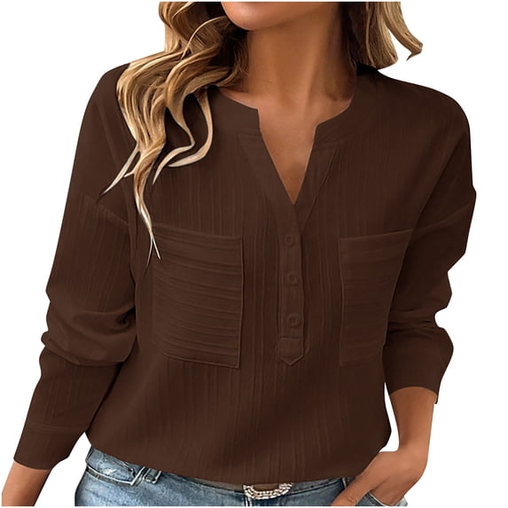 JYnXIANTI Long Sleeve Shirts for Women Button V Neck Casual Tops with Pockets Comfortable Soft T Shirt Fall Winter Clothing
