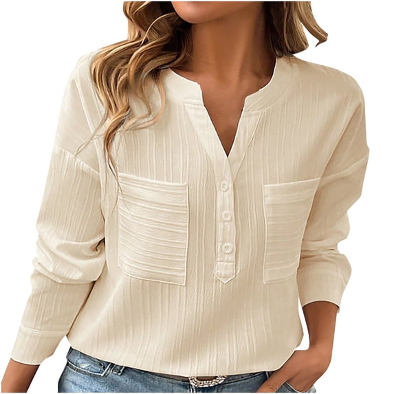 JYnXIANTI Long Sleeve Shirts for Women Button V Neck Casual Tops with Pockets Comfortable Soft T Shirt Fall Winter Clothing