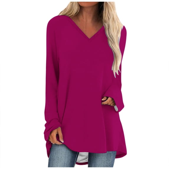 JYnXIANTI Long Sleeve Shirts for Women Lightweight Loose V Neck Tunic Tops Casual Basic T-Shirts Fall Fashion Clothes Outfit