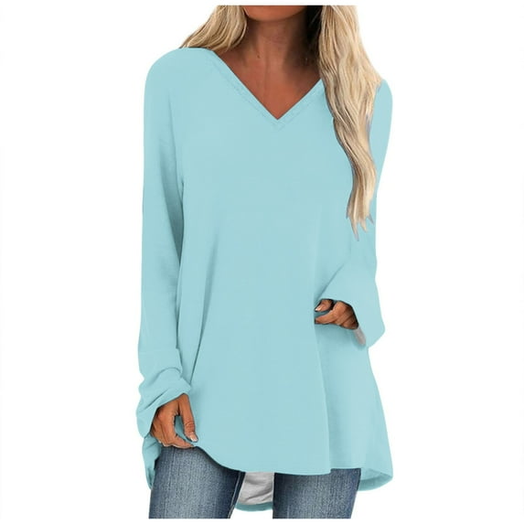 JYnXIANTI Long Sleeve Shirts for Women Lightweight Loose V Neck Tunic Tops Casual Basic T-Shirts Fall Fashion Clothes Outfit