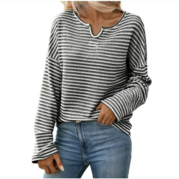 JYnXIANTI Long Sleeve Shirts for Women Notch V Neck Long Sleeve Tops Casual Striped Fall Tops Trendy Cute T Shirts Outfits Clothes